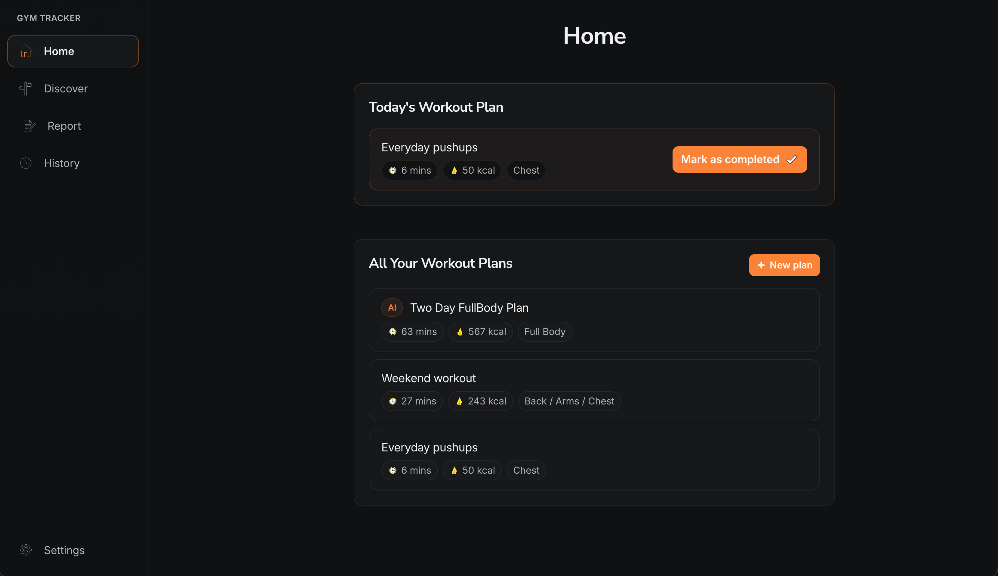 Gym Tracker workout dashboard